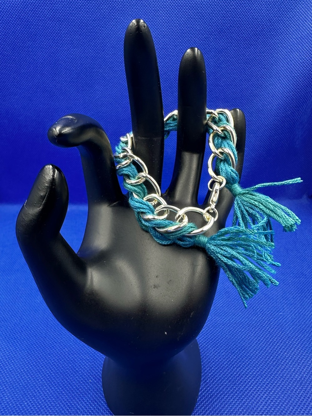 Silver Chain Bracelet with Teal Braided Tassels